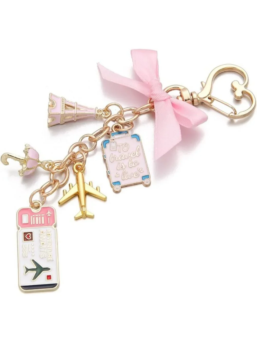 Travel-Themed Keychain Set - 10PCS with Pink Bow, Gold Charms, Eiffel Tower